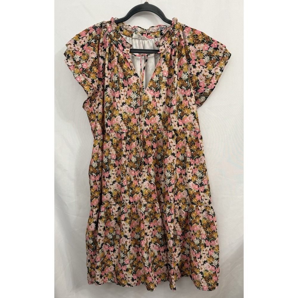 THML Tiered Floral Dress Pink Yellow Ruffle Sleeve Flowy Colorful Womens‎ Size L